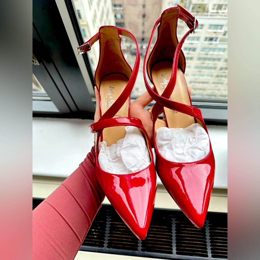 NWOT Elegant, sexy red, custom 100% patent leather shoes. Never worn.